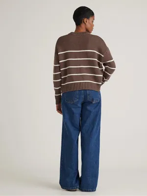 QUINCE 100% Organic Cotton Striped Crew Sweater Heather Brown Ivory Medium thumbnail 4