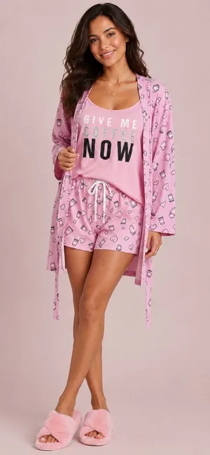 French Affair Coffee Lover Pink 3-Piece Pajama Lounge Set Robe Cami Shorts XL thumbnail 1