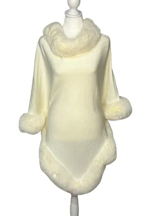 Source Unknown Elegant Ivory Fur Trimmed Knit Poncho Cape- One Size thumbnail 1