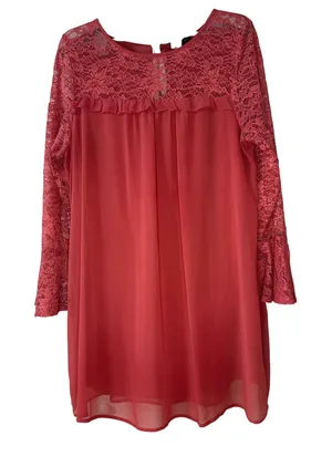 As U Wish Womens 1X‎ Coral Pink Lace Long Sleeve Ruffle Shift Dress A8071104 thumbnail 1
