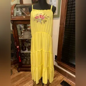 FEATHER Yellow Boho Embroidered Tiered Maxi Dress Plus 2X Coastal Summer Rayon thumbnail 3