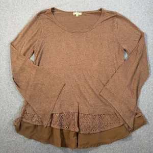 Kori America Women's Medium Brown Bell Sleeve Lace Layered Hem Knit Top Blouse thumbnail 1