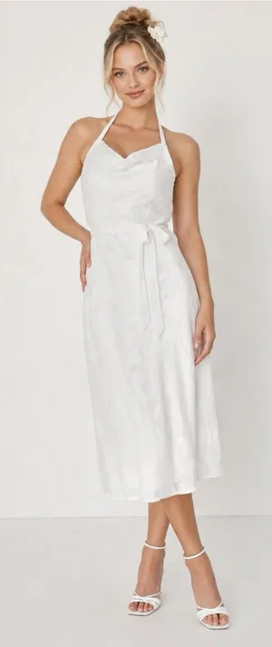 New Lulus Graceful White Floral Jacquard Halter Midi Dress Women’s Sz XL Elegant thumbnail 1