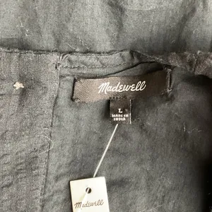 Madewell Seersucker Back Cutout Summer Dress Button Back Puff Sleeve Black‎ L thumbnail 6