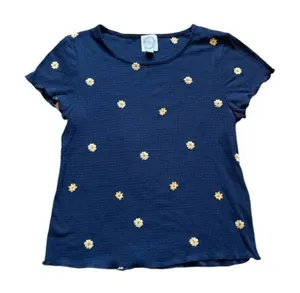 Blue Rain Embroidered Sunflower‎ Baby Tee Navy Blue Size: Small thumbnail 1