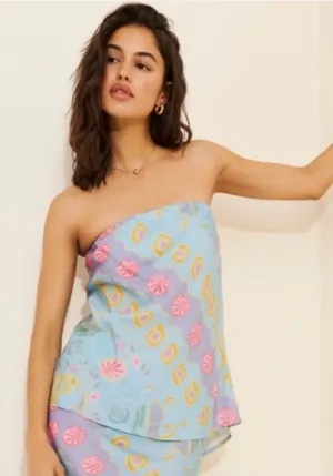 SPELL Aquarius‎ Top in Blue Seashell Print Strapless Asymmetrical Hem Festival thumbnail 1