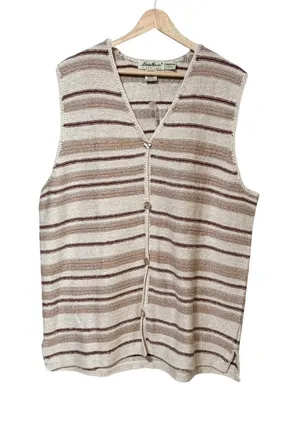 Eddie Bauer Vintage Silk Cotton Striped Sweater Vest Cream Tan Burgundy Large thumbnail 1