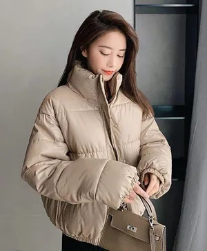 Small crop puffer beige Carmel warm winter coat jacket big Nwot Tan thumbnail 13