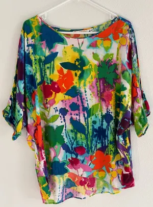 Vintage Jams‎ World Top Womens Medium Hawaiian Tropical Art Cold Shoulder Cotton thumbnail 1