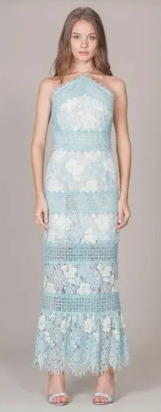 Foxiedox NWT Crochet Lace Halter Maxi Dress in Light Blue and Cream thumbnail 1