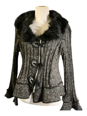 Sioni Women's XL Faux Fur Collar Zip Cable Knit Cardigan Jacket Sweater Gray thumbnail 1