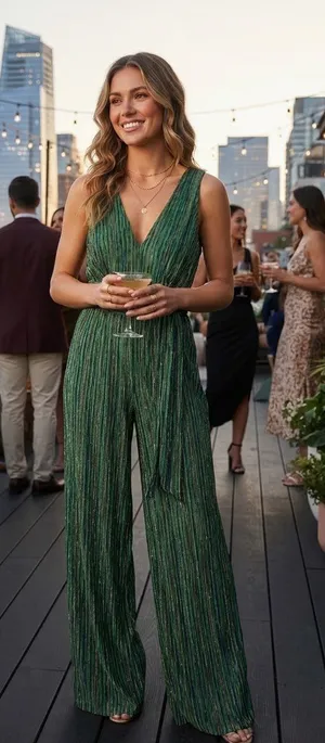 4si3nna Shimmering Green Pleated Wide-Leg Jumpsuit S thumbnail 1