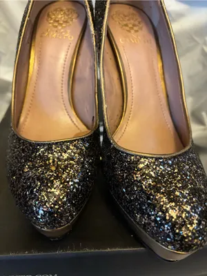 Vince Camuto Black and Gold Glitter Platform Pumps thumbnail 6