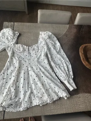 For Love & Lemons White Lace Mini Dress with Black Polka Dots thumbnail 2