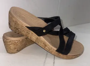 Crocs A-Leigh Black Cork Wedge Sandals Strappy Suede Like Style Women's Size 8 thumbnail 1