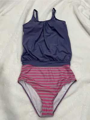 Women’s Two-Piece Purple and Striped Tankini Swimsuit Size L thumbnail 2