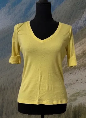 LRL Very Sexy Low‎ Cut V-Neck Cleavage Baby Yellow Slimming Cuff Sleeve TEE -S thumbnail 1