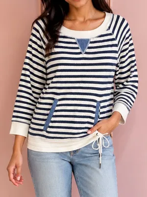 Lauren Ralph Lauren Navy Cream Striped Pullover Sweatshirt Drawstring Hem XS thumbnail 1