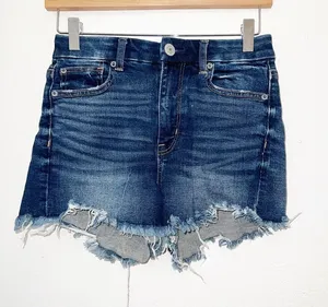 American Eagle Dark Wash Blue Raw Hem Frayed Denim Hi-Rise Shortie Jean Shorts thumbnail 1