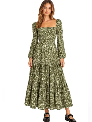 REFORMATION Kellie Maxi Tiered Dress Green Moiret Polka Dots Size 2 thumbnail 14