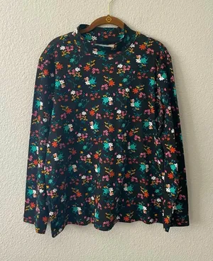 Black Floral Top PInk Orange Teal Mock neck Knit Blouse NWOT size large thumbnail 1