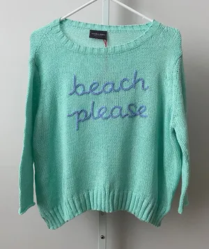 Wooden Ships Cotton Beachy Coastal Beach Please Graphic Knit Sweater XS/S Mint‎ thumbnail 1