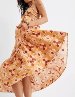NWT Aerie Sz XS Linen Blend Halter‎ Maxi Dress Ikat Orange Pink Boho Braided thumbnail 1