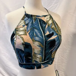 Lulus Back to Your Roots Teal Blue Leaf Print Two-Piece Maxi Dress Top thumbnail 5