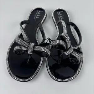 Nicole Miller New York Black Jelly Sandals Rhinestone Bow Bling Slide Size 8 thumbnail 1