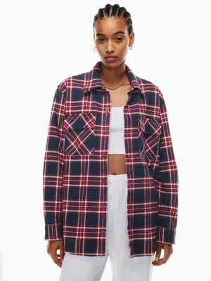 Aritzia TNA Oversized Fit Red Plaid Shirt Flannel Button Up Top Women's Size S thumbnail 2
