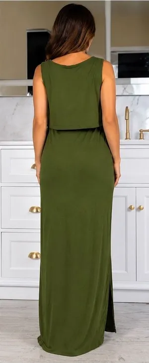 Next Maternity Maxi Dress Womens 12 Olive Green Nursing Layered Sleeveless thumbnail 1