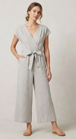 Monteau Jumpsuit Womens Large Beige Linen Wide Leg V-Neck Cropped Boho Overall thumbnail 1
