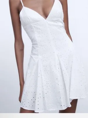 Zara White Eyelet Spaghetti Strap Mini Dress thumbnail 1