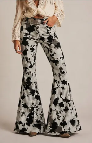 Altar’d State Cow Print Bell Bottom Flare Jeans Boho Chic Western Retro Festival thumbnail 1