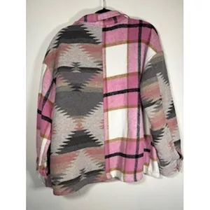 Entro Shacket Pink Aztec Plaid Colorblock Button Front Southwestern Boho Large thumbnail 5