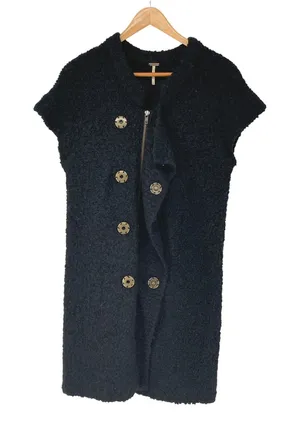 Free People Black Boucle‎ Knit Short Sleeve Vest Coat Gold Snap Button XS Cozy thumbnail 1