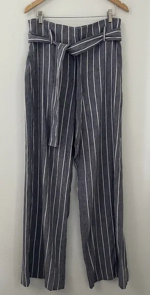 Theory Size 12 Wide Leg Belted Trousers Stripe Wither Linen Belt Pant Fl_ thumbnail 1