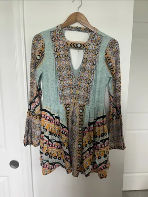 Free People Tegan Border Printed Mini Dress (Sz 8) Multi Color thumbnail 3