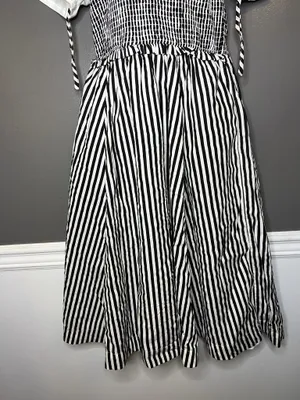Maeve Anthropologie Dress Womens Petite Medium Black White Striped Smocked Midi thumbnail 3