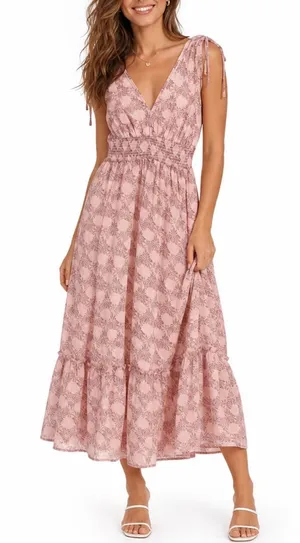 Lush Pink Floral Medallion V-Neck Smocked Waist Tie Shoulder Maxi Dress Large thumbnail 1