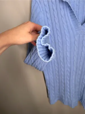 L.L.Bean Blue Cable Knit Collared V Neck 100% Cotton Sweater Heritage Classic‎ thumbnail 4