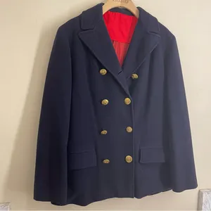 Vintage Navy Wool Pea Coat Red Lining Brass Stag Buttons Double Breasted thumbnail 14