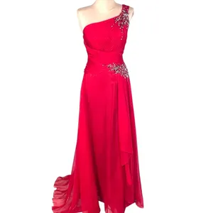 VTG Flowy Red Chiffon One Shoulder Rhinestone Prom Evening Gown XS Train thumbnail 2