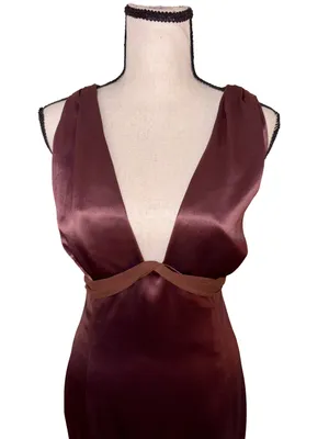 Vera Wang Vintage Brown Satin Plunge Open Back Evening Gown Dress 12 thumbnail 4
