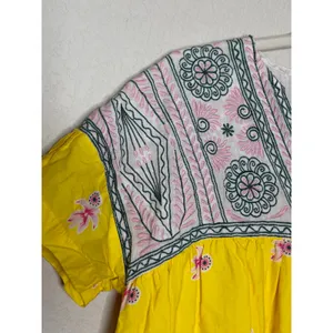FLOE Yellow Embroidered Boho Dress Medium Festival Sundress Cotton Floral thumbnail 4