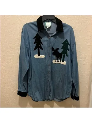Anne Josephine Dallas Denim Moose Tree Shirt Jacket cottagecore grandma nature thumbnail 2