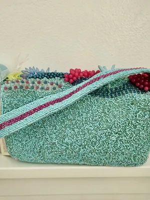 Handcrafted in India Beaded Coastal Coral Reef Shoulder Handbag Purse Teal Aqua thumbnail 16