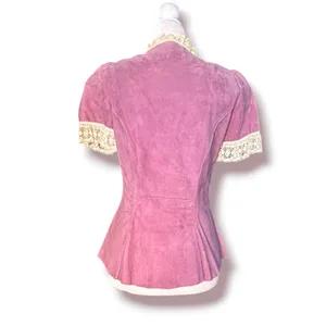 Vintage Pink Suede Lace Trim Western‎ Prairie Blouse Peplum Romantic Leather Top thumbnail 5