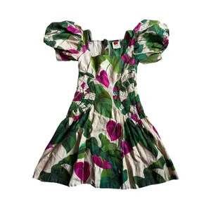 FARM Rio Sand Anthurium Leaves Puff Sleeve Mini Dress XS Summer Boho Ljnen thumbnail 3