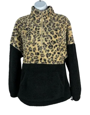 Merokeety Womens Leopard Half-Zip Sherpa Pullover Sweatshirt Size Small thumbnail 1